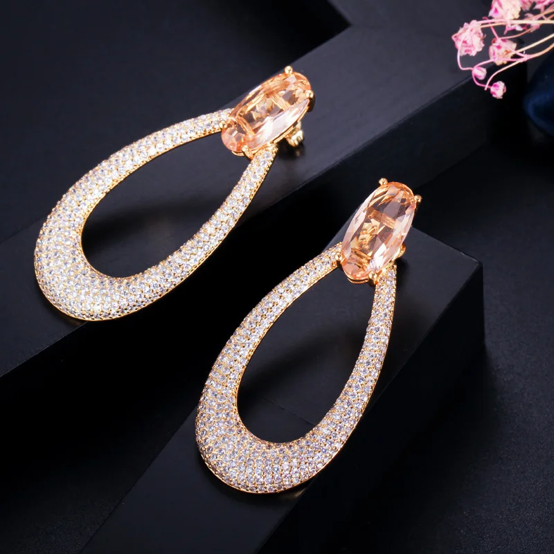 CWWZircons Yellow Gold Color Micro Pave Cubic Zirconia Stone Long Round Drop Earrings Engagement Wedding Party Jewelry  CZ583