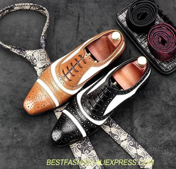 

Pointed Toes Men's New Mix Colour Patchwork Brogue Dress Shoes Lace-Up Carved Genuine Leather Low Heel Height Increasing Shoes