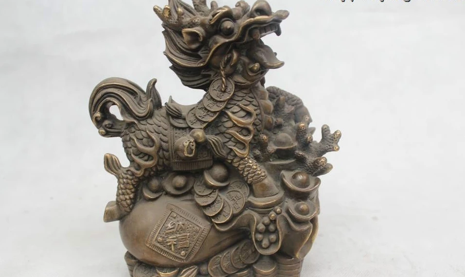 

9"Chinese Folk Pure Bronze excellent Lucky Money drawing Kylin Statue