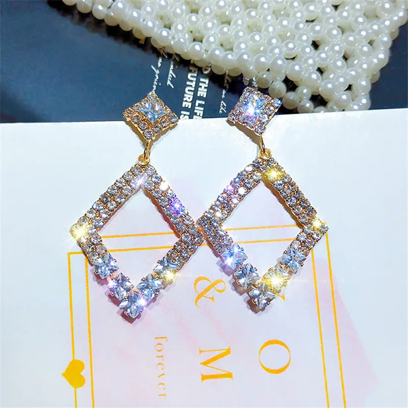 

Korean Handmade Silver Needles Anti-allergy Rhombus Round Rhinestone Drop Earrings Dangle Earrings Fashion Jewelry-BYD5