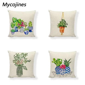 

Potted Plants Cushion Cover 43 cm Cactus Monstera Blue And White Porcelain Vase Print Car Seat Sofa Floor Decorative Pillowcase