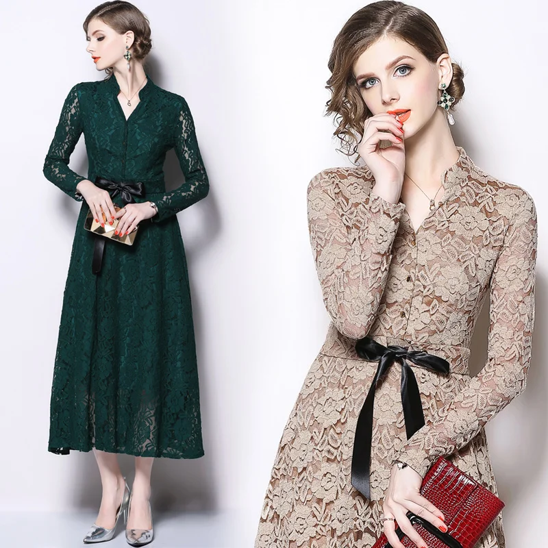 

Solid Hollowed Lace Dress 2018 Autumn winter long dress women V-neck Long Sleeved elegant Dresses Vintage Vestidos Mujer