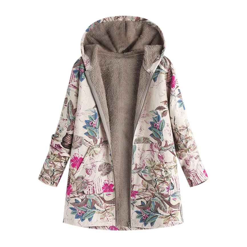 

Female Jacket Plush Coat Women's Windbreaker Winter Warm Outwear Floral Print Hooded Pockets Vintage Oversize Coats Plus Size