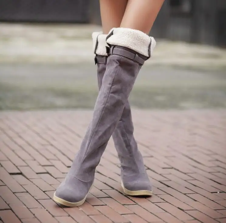Узкие сапоги из искусственной замши пикантные женские модные зимние сапоги выше колена с круглым носком женская обувь г. Большой размер 34-43 - Цвет: Серый
