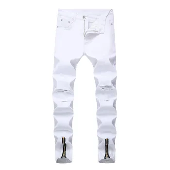 

New Ripped Denim Pant Jeans Men Knee Hole Zipper Biker Jeans Male guys White Brand Slim Skinny Destroyed Torn Jean Pants Hip-Hop