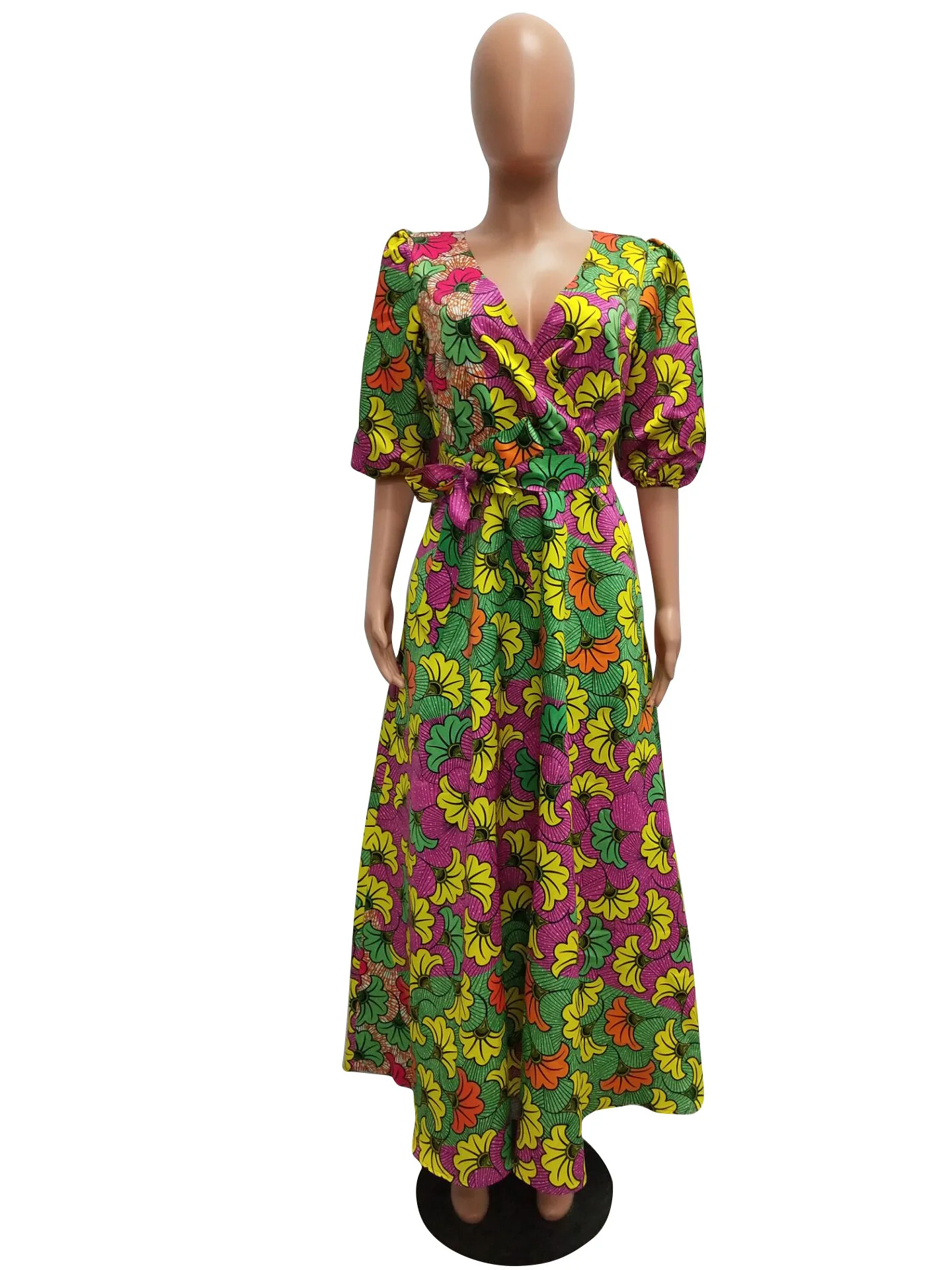 Africa Dashiki Long Dress for Women Floral Printing Indie Folk Dresses V-Neck Puff Half Sleeve A-Line Long Dresses With Sashes - Цвет: Green