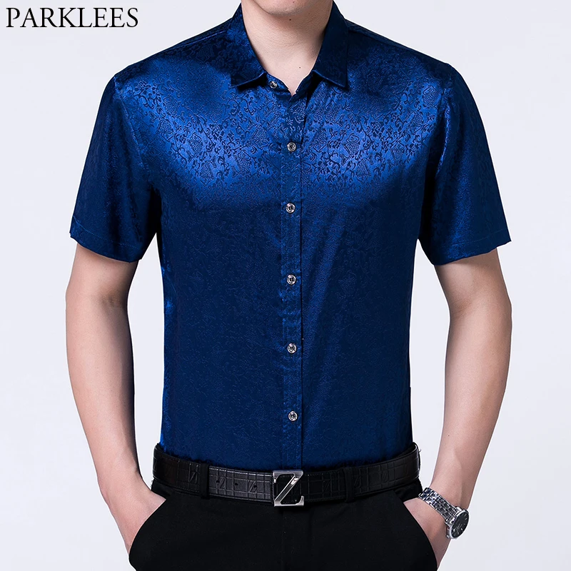 Royal Blue Silk Satin Dress Shirt Men Stylish Floral Print Slim Short ...