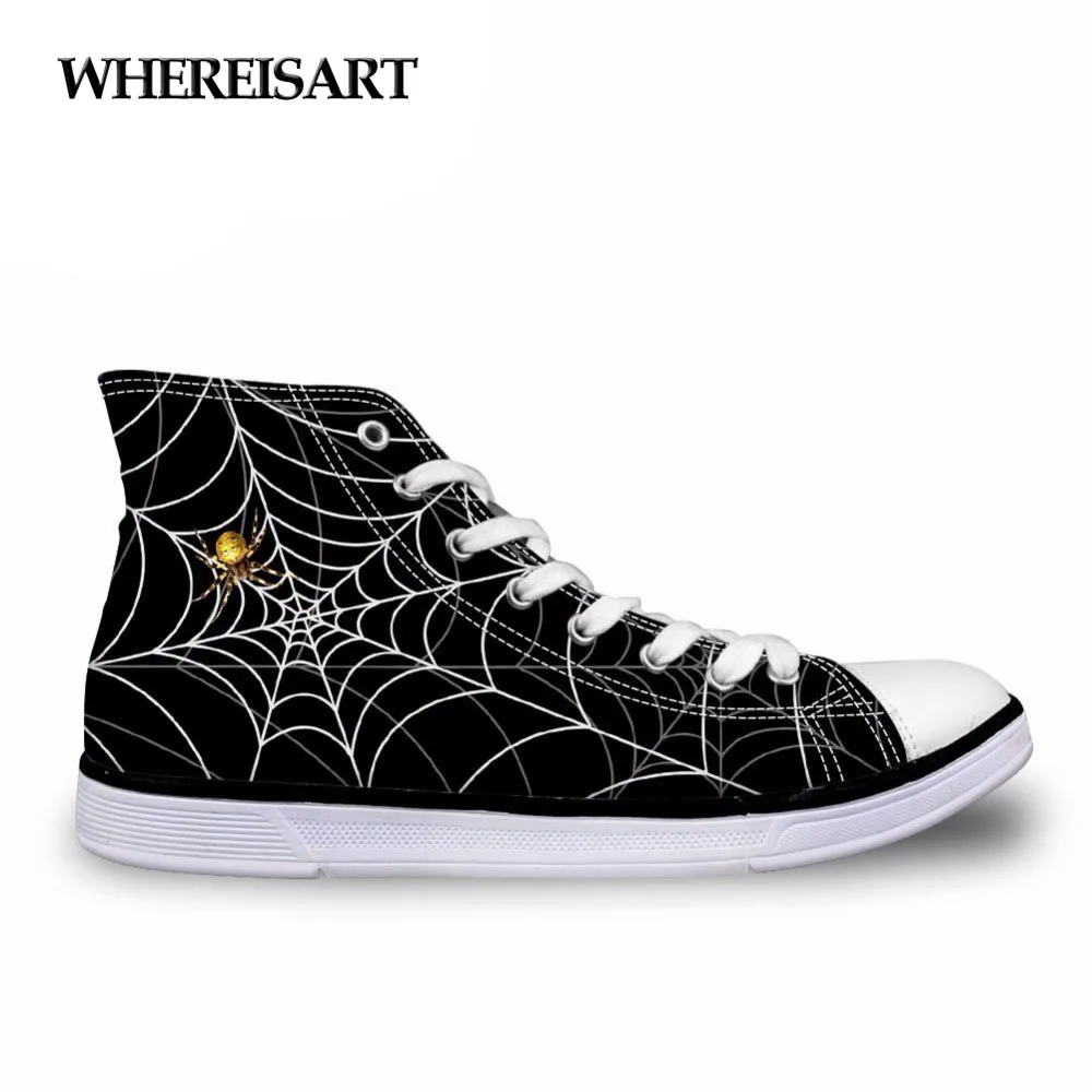 

WHEREISART Black Women Casual Canvas Shoes Vintage High Top Female Lace-up Vulcanize Shoes Spiderweb Pattern Women's Flats 2017