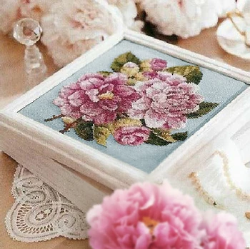 

Fishxx Cross Stitch Plant Floral Pattern B634 Pink Peony Hand Embroidery Light Blue Embroidered Set