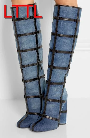 shoe Newest Knee High Boots Winter Boots Color Black Women Ladies'shoes Sexy Motorcycle Boots for Women Snow Blue Denim Boots