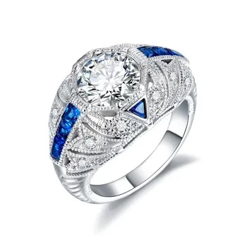 

Fashion Silver Plated Gem Created Blue White Crystal Silver Color Wedding Finger Crystal Ring Brand Jewelry Size 5-12