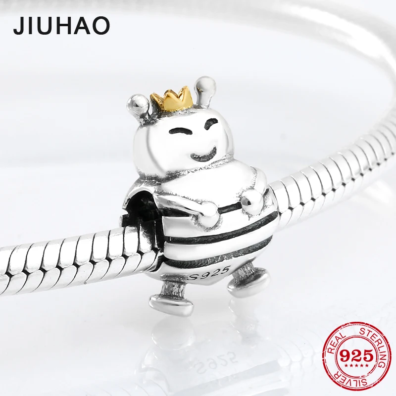 

925 Sterling Silver fashion plating gold crown smile Queen bee shape beads Fit Original Pandora Charm Bracelet Jewelry making