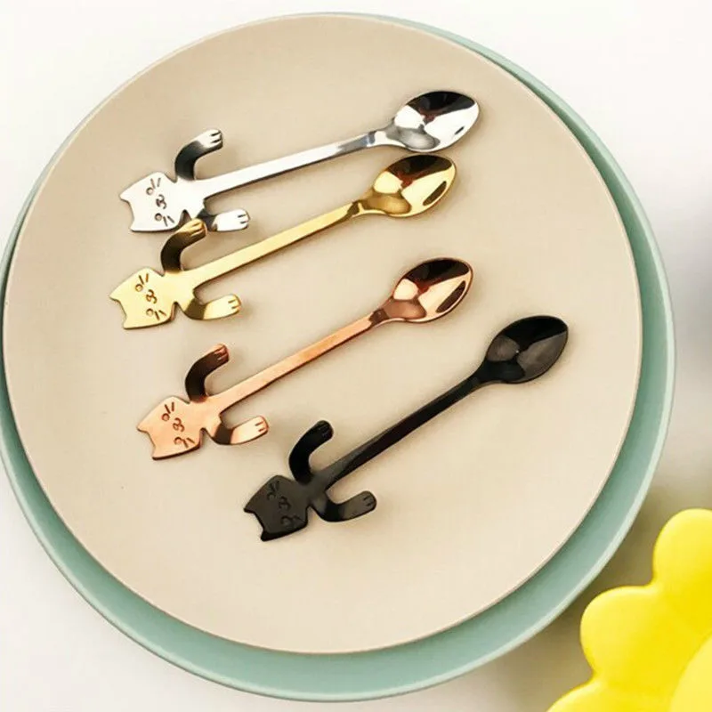 

Stainless Steel Cat Coffee Drink Spoon Tableware Kitchen Gadgets Supplies Cute Cartoon Cats Spoons Black Silver Rose Gold Golden