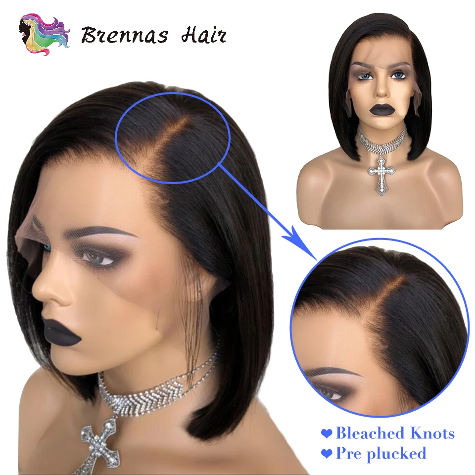 Short bob 13x6 lace wig natural black color side part straight bob lace front wig baby hair human non Remy hair for black women
