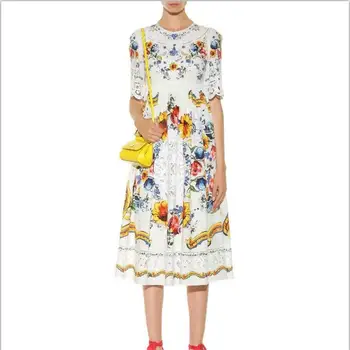 

Women Summer Dress 2018 High Quality Designer Runway O-neck Half Sleeve Embroidery Printed Elegant Party Dresses NPD0740