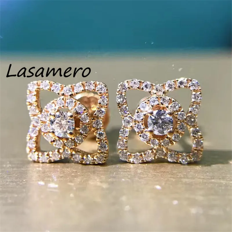 

LASAMERO 0.3CTW Round Cut 18K Rose Gold Diamond Flower Pattern hollow Diamond Earrings Stud Earrings Fine Jewelry Earring Studs