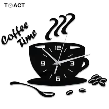 3D DIY Acrylic Wall Clock Modern Design Wall Sticker Kitchen Clocks Home Decor Coffee Time Cup