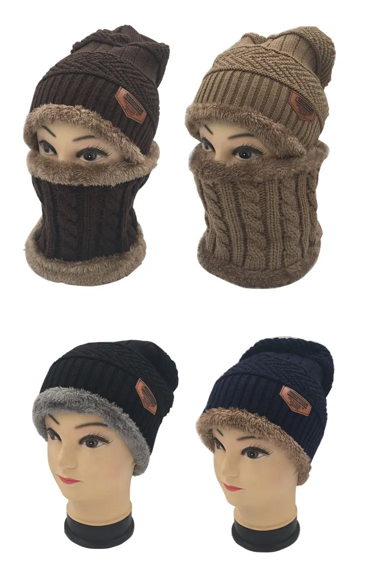 Зимняя шапка, шарф, набор унисекс, одноцветная вязаная шапка бини плюс бархатная шапка, мужская шапка, женская теплая утолщенная шапка, лыжный мягкий шарф