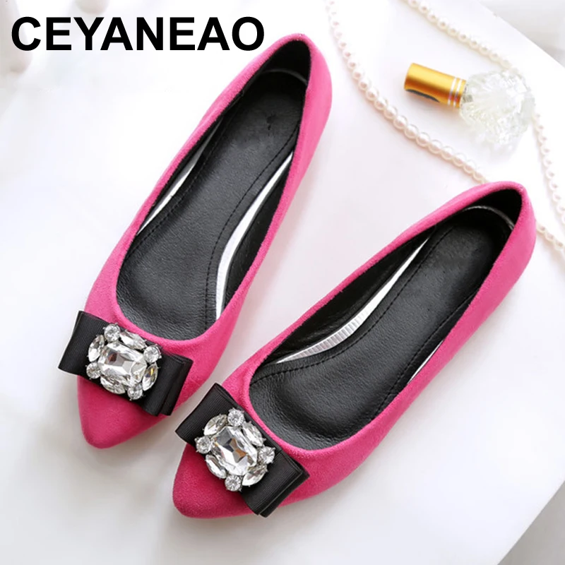 

CEYANEAO 2018 Newest Suede Single Shoes Women Pointed Toe One-strap Rhinestone Diamond Flat Shoes Women Fashion Party ShoesE1158