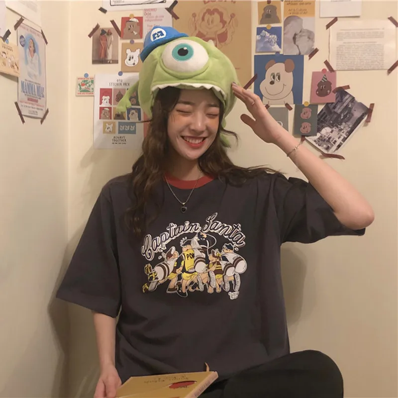 

3 colors 2019 summer preppy style cartoon print short sleeve t shirts womens tops tee shirt femme (xg655)