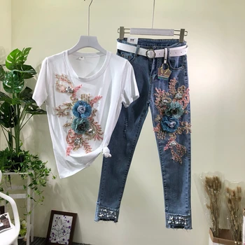 

Spring Summer Girls Ladies Two Piece Set New Hand Pearl Stereo Flower Hole Elastic Jeans + Short Sleeve T-shirt Suit Women Sets