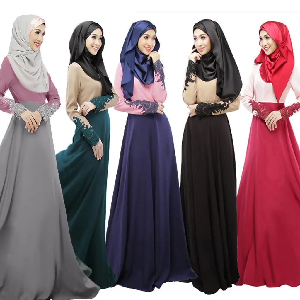 

Muslim Single Layer Long Skirt Cuffs Lace Color Matching Hui Worship Service