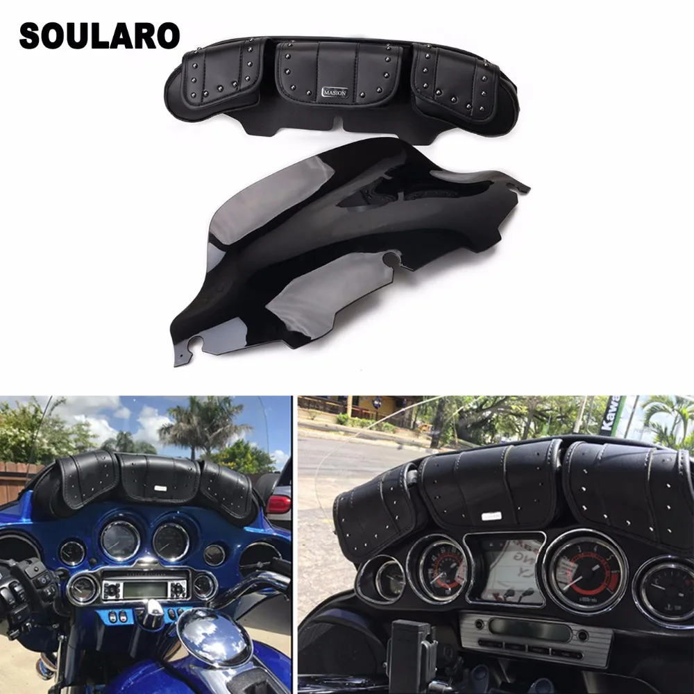 

Motorcycle Accessories 8" Black Windshield+PU Leather Rivet Windshield Bag Kit For Harley Touring Electra Street Glide 1996-2013