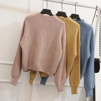 

Harajuku Knitted Sweaters 2018 Winter Autumn Oversized Cashmere Sweater Women Lantern Sleeve Basic Thicken Pullovers Pull Femme