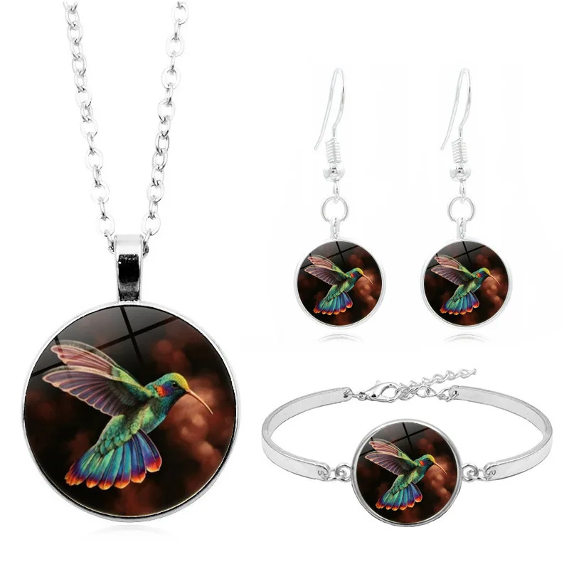 

New fashion color hummingbird time glass necklace set silver bracelet earrings jewelry ladies suit