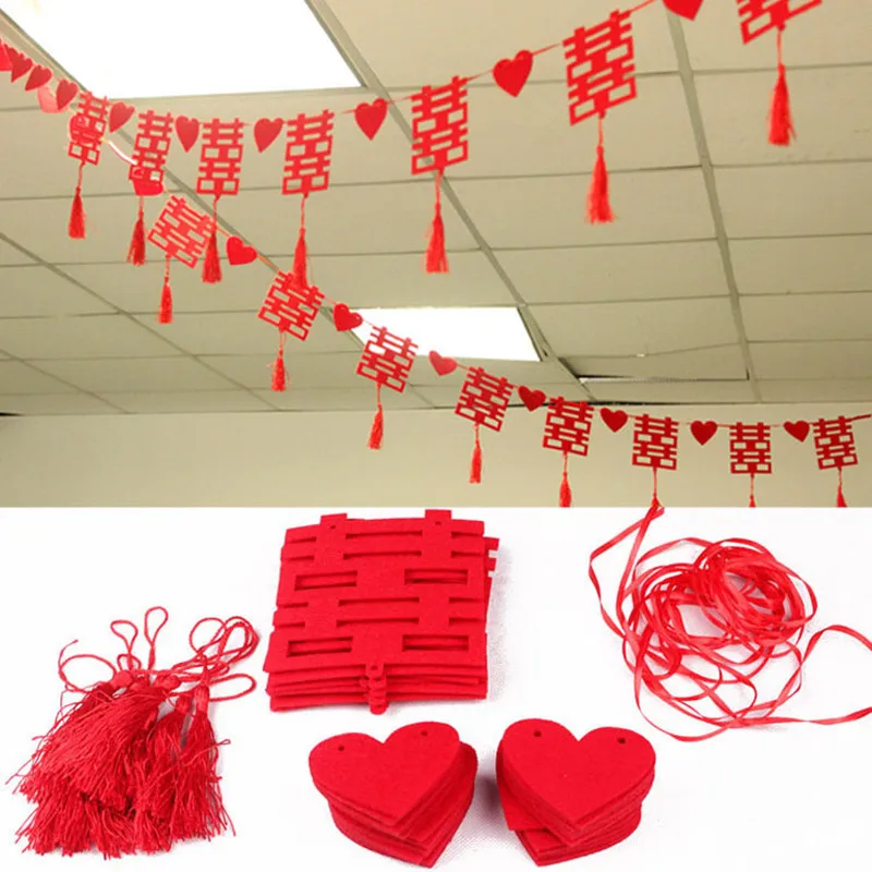 

Wedding Supplies Beaming 3 Meters Non-woven Double Happiness Hanging Decorations Romantic Loving Heart Tassel Wedding Streamer