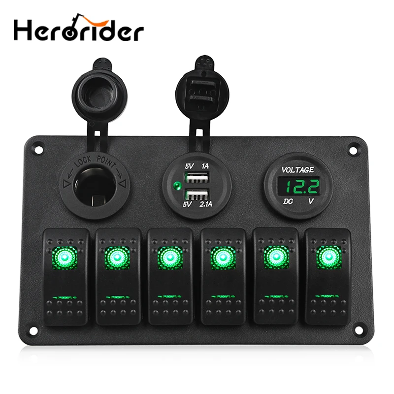 6 Gang Marine Ignition Toggle Rocker Switch Panel with Voltmeter 3.1A Dual USB Charger Cigarette Lighter Socket For RV Car Boat 6 Gang Marine Ignition Toggle Rocker Switch Panel with Voltmeter 3.1A Dual USB Charger Cigarette Lighter Socket For RV Car Boat