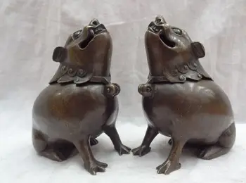 

S02661 Chinese Bronze Wealth Unicorn Mouse Head Statue PiXiu Incense Burner Censer Pair