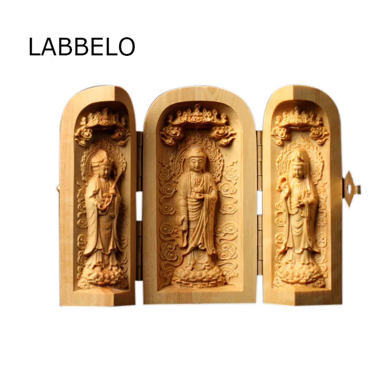 

3pcs Three curved Buddha figurine bodhisattva buddhism statue open box carry wood crafts carving Buddhist wholesale decoration