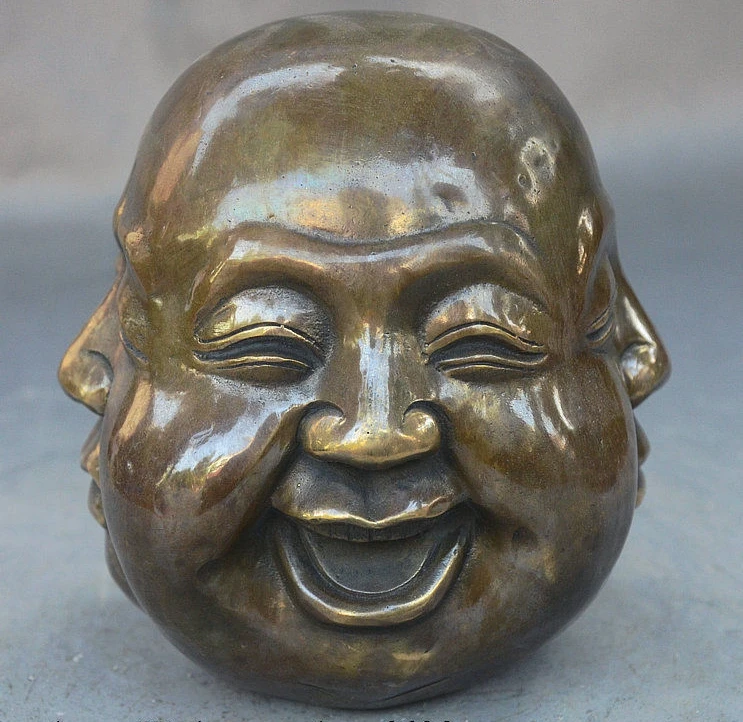 OLD SIGNED BRONZE Carved Buddhism Buddha Head Sculpture Statue 4 Faces