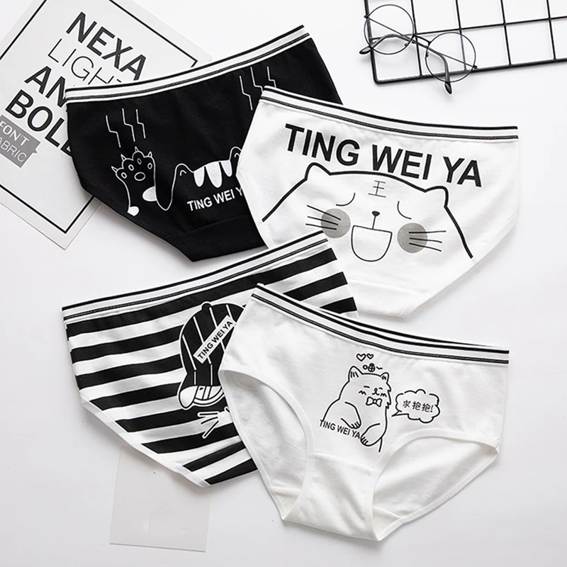 

2019 new girls Briefs Sexy girls cartoon Cat pattern briefs Simple black and white cute cartoon Briefs