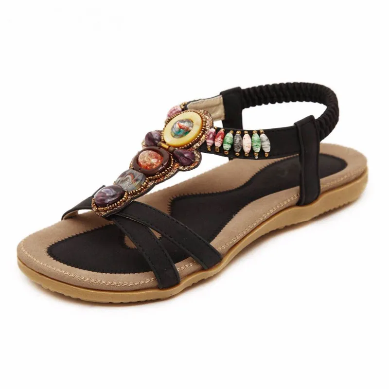 MVVJKE/богемные женские босоножки; шлепанцы с драгоценными камнями и бисером; летние пляжные сандалии; женские Вьетнамки; женская обувь на плоской подошве - Цвет: Черный