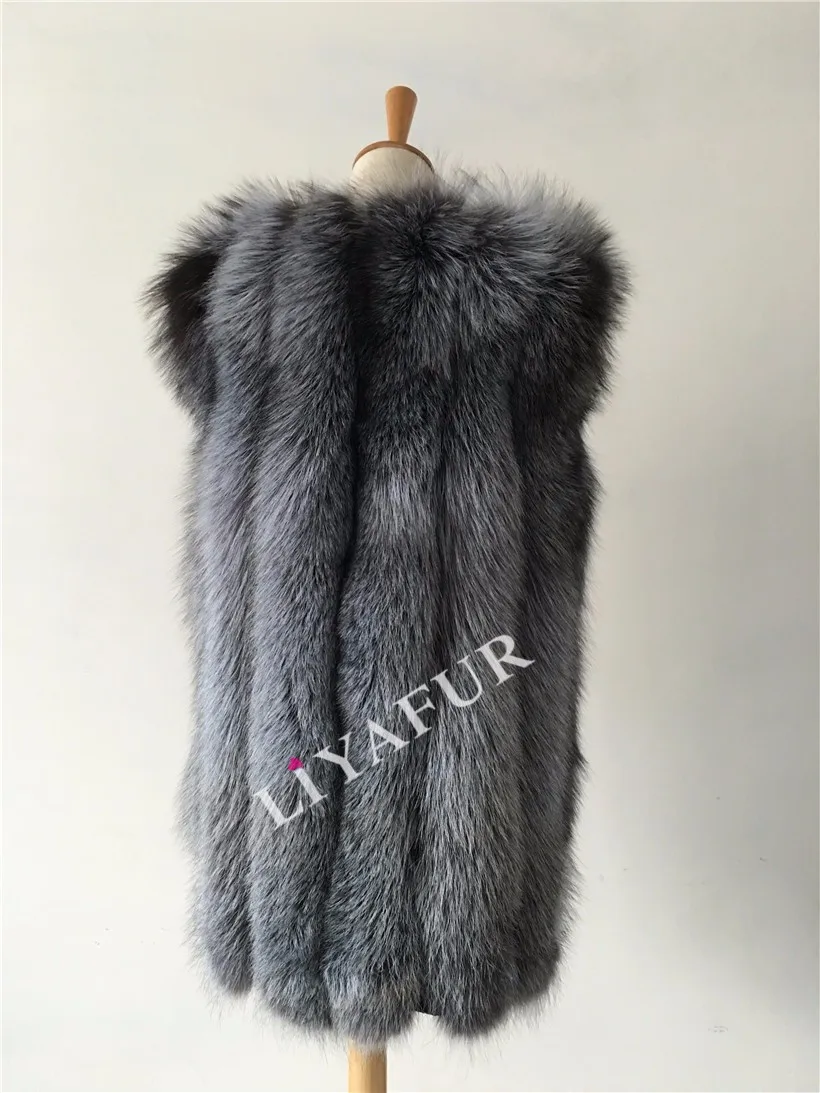 LIYAFUR Women's Real Genuine Full Pelt Silver Fox Fur Long Sleeveless Vest Waistcoat Gilet for Women