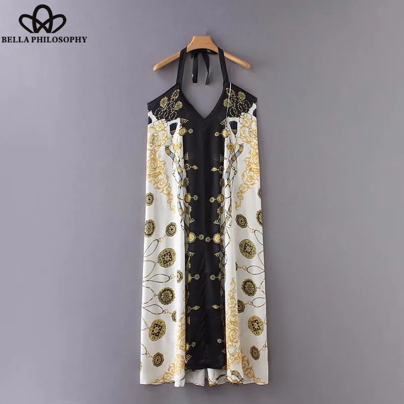 Wonder 2018 new women vintage chain printing halter midi dress elegant female chic vestidos sexy backless bow tied party dress