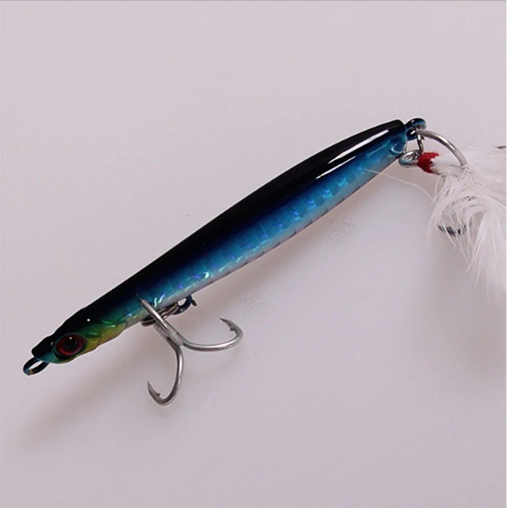 Джиг приманка железная пластина рыболовные приманки 15 г-30 г искусственная приманка металлическая Лазерная рыбка с 3D глазами свинец с пером крюк LS-086