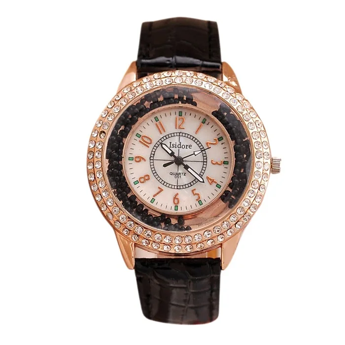 Роскошный кожаный кристалл часы с узорами циферблата под камень женское платье часы кварцевые часы браслет часы подарок кварцевые женские часы relojes mujer - Цвет: black