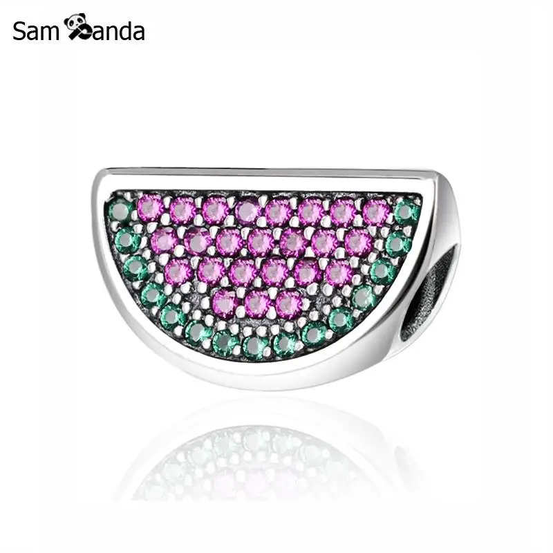 

Original 100% 925 Sterling Silver Bead Charm Pave Watermelon Charms Red Green CZ Summer Time Fit Pandora Bracelets Women Jewelry