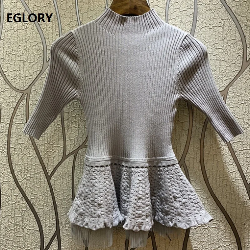 

2019 Spring Summer Autumn Fashion Sweater Pullovers Women Hollow Out Embroidery Mesh Patchwork Half Sleeve Grey Black Top Female