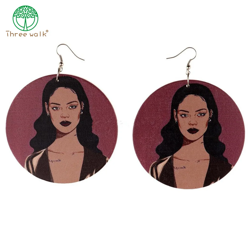 5 Pair Wholesale Price Rihanna Super Star Cartoon Image Round Wooden Earrings