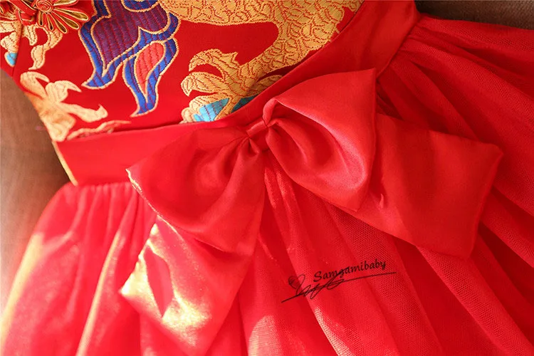 Новинка года; цельнокроеное платье для маленьких девочек детское платье в китайском стиле для девочек; красное платье Ципао; торжественное платье с принтом дракона