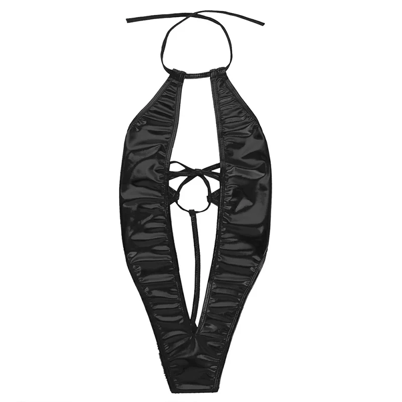 Женские комбинезоны из лакированной кожи, Цельный купальник с глубоким v-образным вырезом, боди с открытой спиной, боди - Цвет: Черный