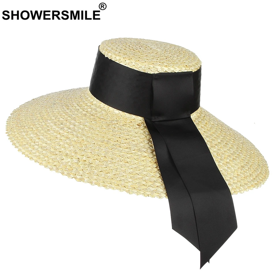 

SHOWERSMILE Straw Hat Women Luxury Designer Brand Hat Female Flat Top Beach Beige Lace Up Large Brim 16cm Ladies Sun Hat Summer