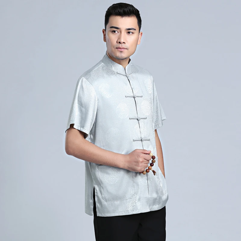 Шанхай история Китайский Лето из искусственного шелка с коротким рукавом мужская рубашка мужской Китайский традиционный Топ для мужчин