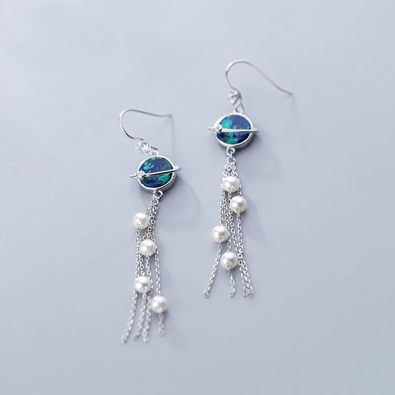 

Sweet Blue Planet Shell Pearl 925 Sterling Silver Dangling Earrings
