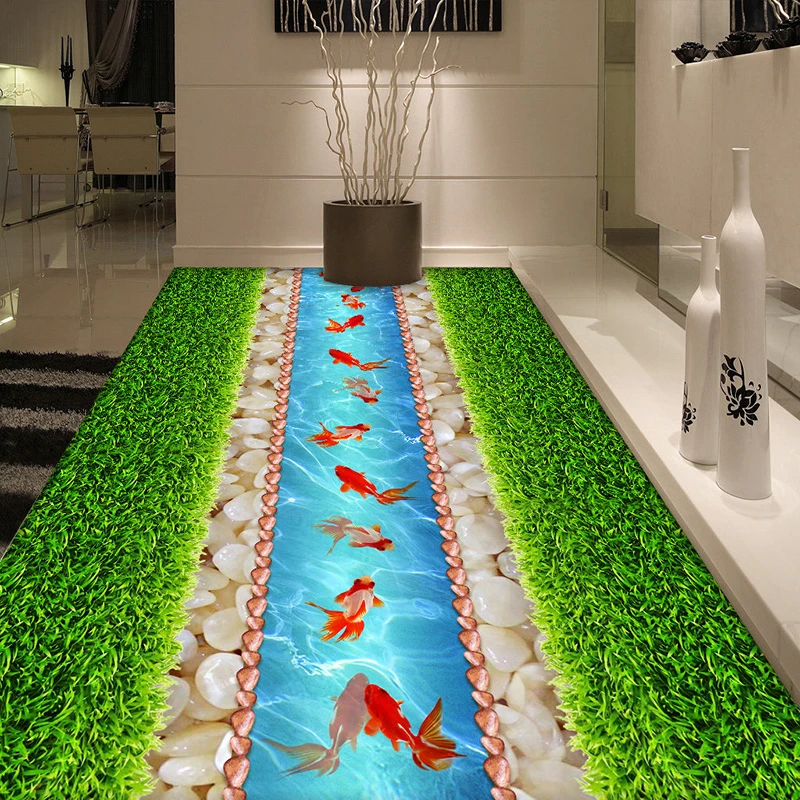 カスタム自己粘着床壁画壁紙 3d グリーン草小石金魚ステッカーキッチンバスルーム リビングルームビニールウォールペーパー Wall Paper Vinyl Wall Papermural Wallpaper 3d Aliexpress