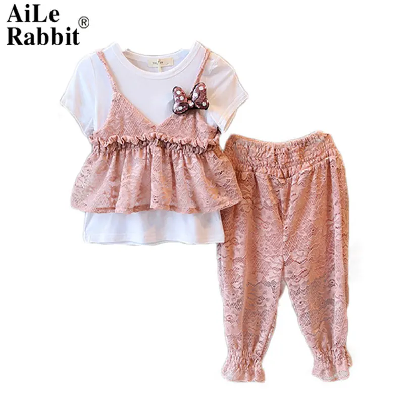 

AiLe Rabbit Girls Clothing Set Summer New Korean Lace Vest WhiteT-shirt Blooms Pant bow 4 Pces Kids Clothes suit k1